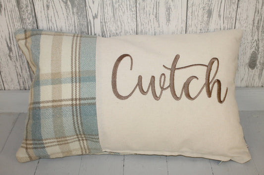 Cwtch Cushion-Personalised Cushion- Quote Cushion-Blue Wool touch & Cream long cushion.