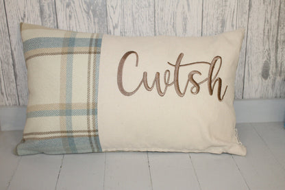 Cwtch Cushion-Personalised Cushion- Quote Cushion-Blue Wool touch & Cream long cushion.