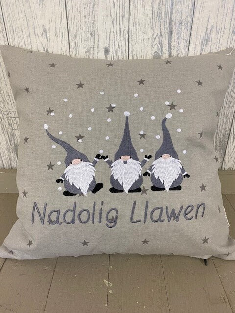 16&quot; Christmas Gnomes Cushion, Nadolig Llawen Festive Cushion-Festive Gnomes- Christmas Gnomes- Grey Gnomes