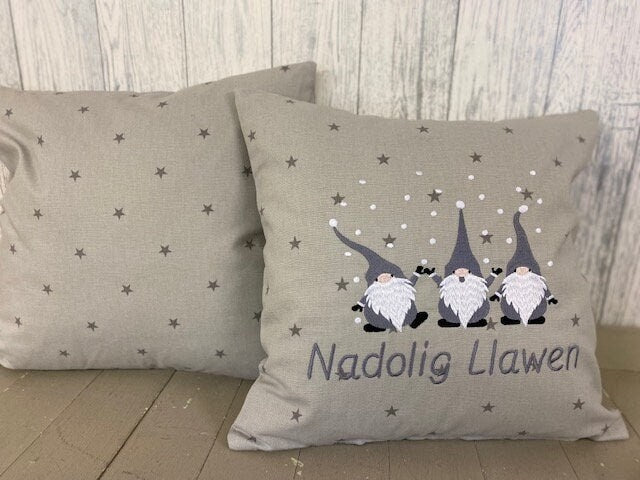 16&quot; Christmas Gnomes Cushion, Nadolig Llawen Festive Cushion-Festive Gnomes- Christmas Gnomes- Grey Gnomes