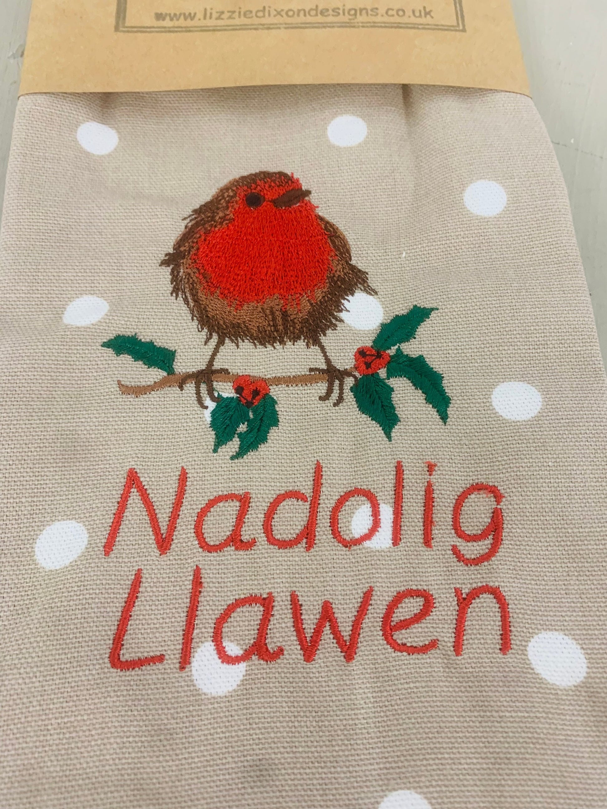 Handmade Tea Towel- Festive Robin Tea Towel- Robin embroidered tea towel- Nadolig Llawen Tea Towel