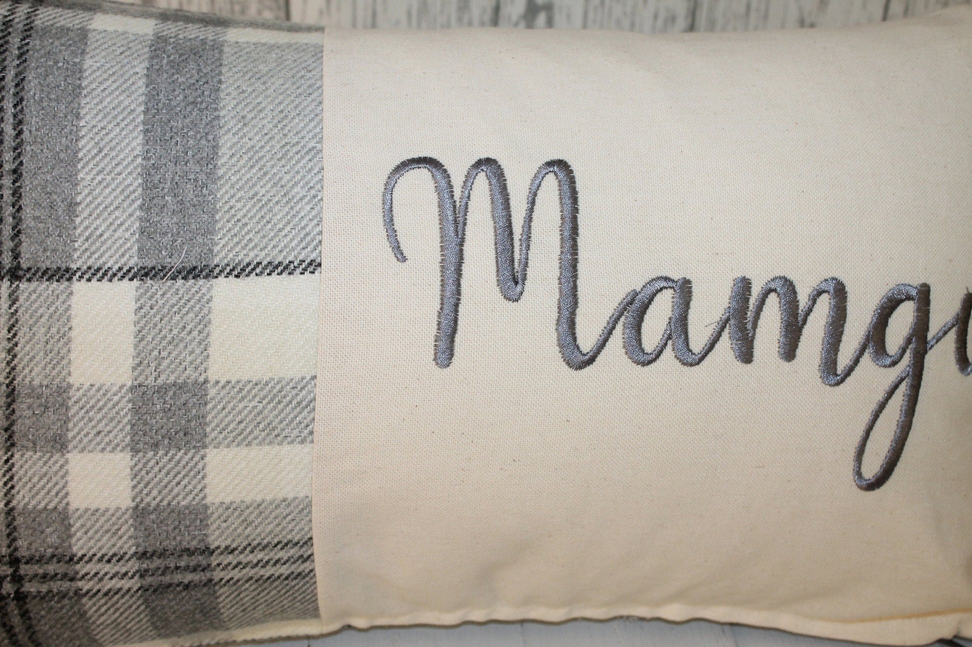 Mamgu Cushion-Personalised Cushion- Quote Cushion-Grey Check Wool touch & Cream long cushion. Personalised mother&#39;s day