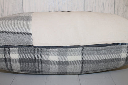 Cartref calon a chariad Cushion-Personalised Cushion- Quote Cushion- Grey Check Wool touch and Cream long cushion. Personalised cushion