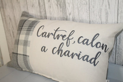 Cartref calon a chariad Cushion-Personalised Cushion- Quote Cushion- Grey Check Wool touch and Cream long cushion. Personalised cushion