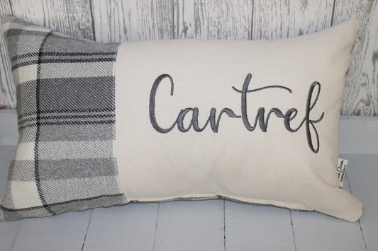 Cartref Cushion-Personalised Cushion- Quote Cushion- Grey Check Wool touch and Cream long cushion. Personalised cushion- Handmade cushion