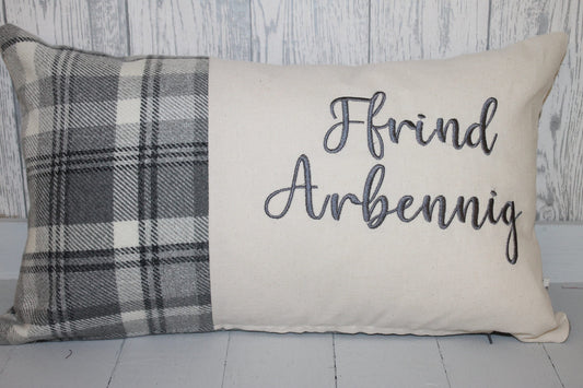 Ffrind Arbennig Cushion-Personalised Cushion- Quote Cushion- Grey Check Wool touch & Cream long cushion.