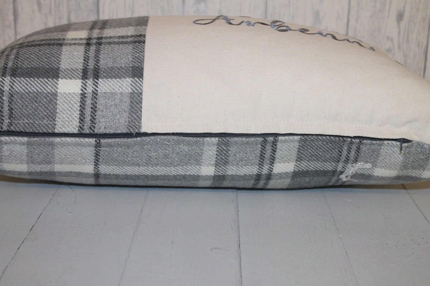 Ffrind Arbennig Cushion-Personalised Cushion- Quote Cushion- Grey Check Wool touch & Cream long cushion.