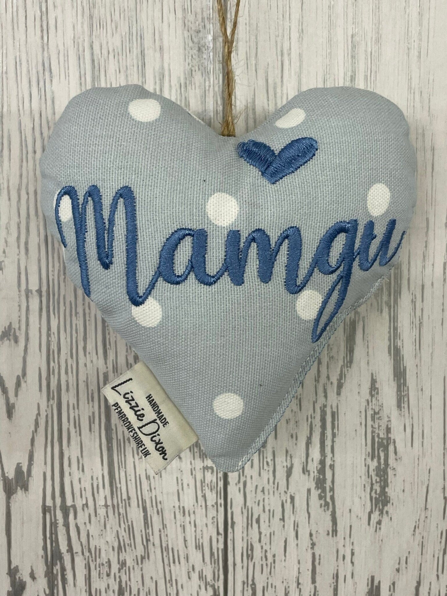 Mother&#39;s Day Decorative Hanging Heart- Mum Personalised Mother&#39;s Day Gift-Pale Blue Dotty and Floral Stuffed Lavender hanging Heart