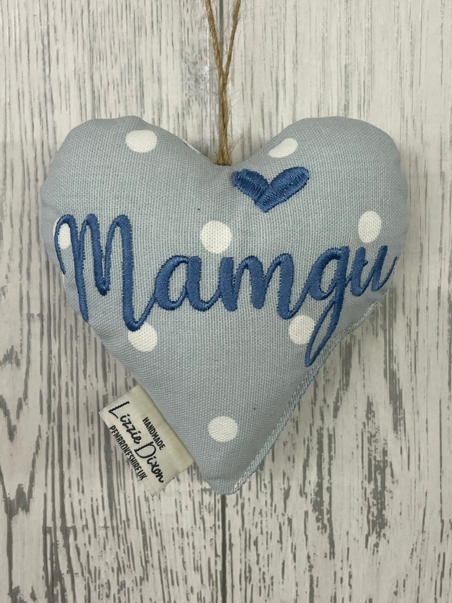 Mother&#39;s Day Decorative Hanging Heart- Mum Personalised Mother&#39;s Day Gift-Pale Blue Dotty and Floral Stuffed Lavender hanging Heart