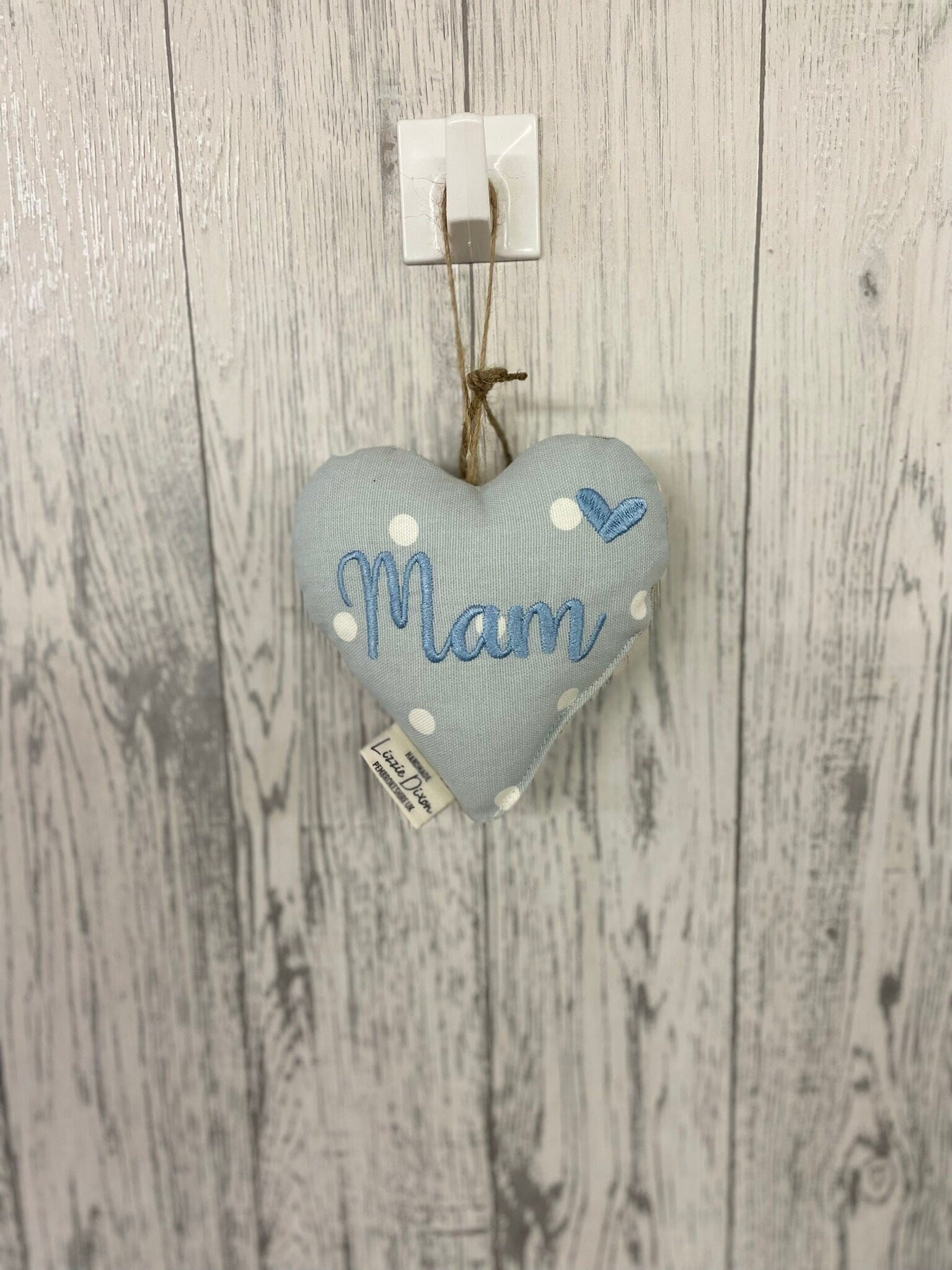 Mother&#39;s Day Decorative Hanging Heart- Mum Personalised Mother&#39;s Day Gift-Pale Blue Dotty and Floral Stuffed Lavender hanging Heart