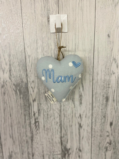 Mother&#39;s Day Decorative Hanging Heart- Mum Personalised Mother&#39;s Day Gift-Pale Blue Dotty and Floral Stuffed Lavender hanging Heart