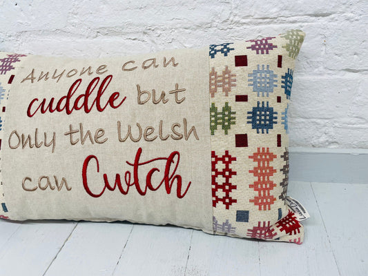 Anyone can Cuddle but only the Welsh can Cwtch Cushio-Handmade Welsh blanket