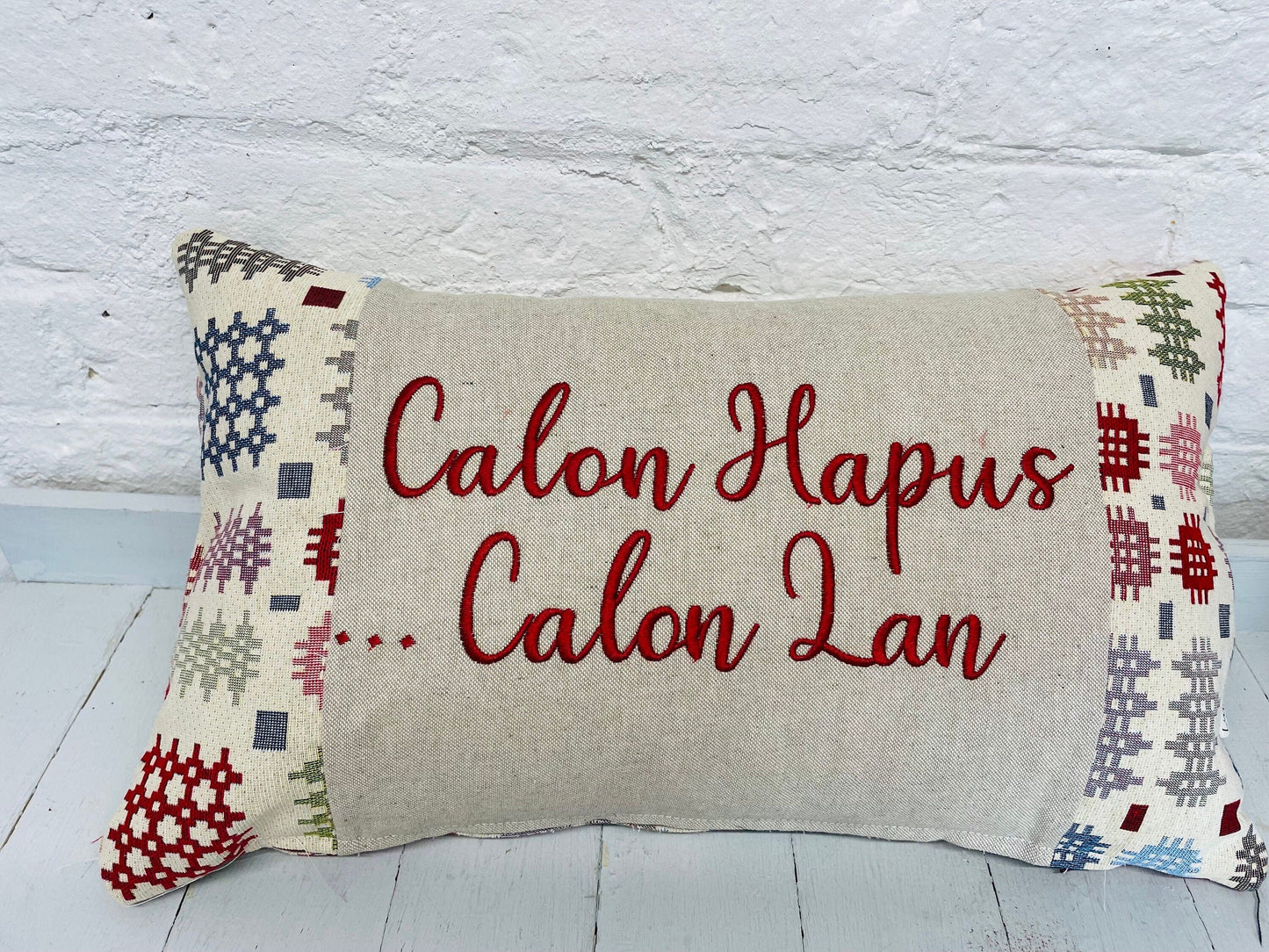 Welsh Blanket style Calon Hapus.. Calon Lan Cushion-Personalised Cushion- Quote Cushion-welsh tapestry style long cushion.