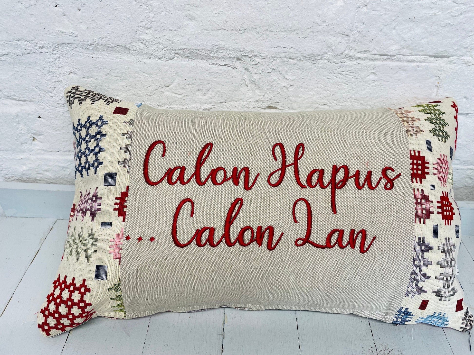 Welsh Blanket style Calon Hapus.. Calon Lan Cushion-Personalised Cushion- Quote Cushion-welsh tapestry style long cushion.