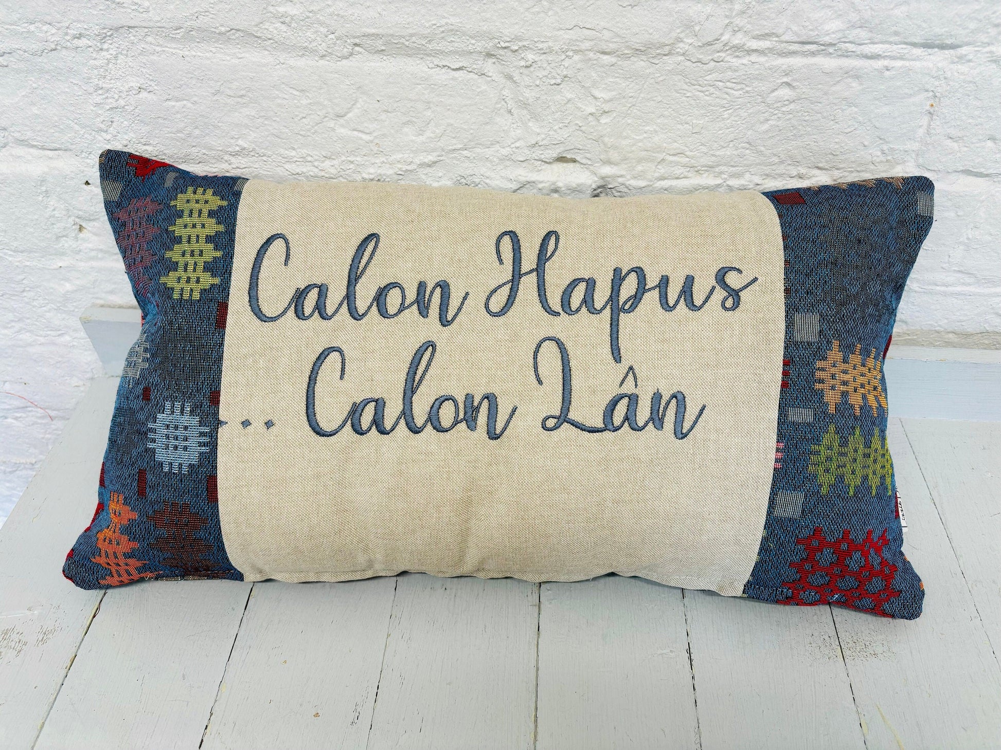 Welsh Blanket style Calon Hapus.. Calon Lan Cushion-Personalised Cushion- Quote Cushion-welsh tapestry style long cushion.