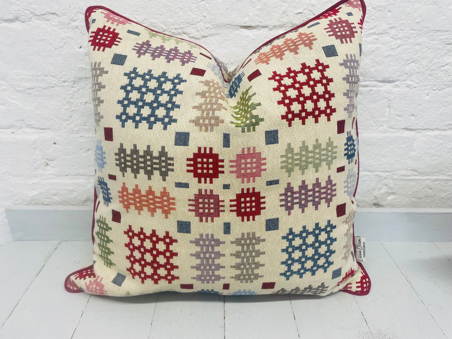 Welsh Blanket style piped Cushion-Personalised Cushion- Quote Cushion-welsh tapestry style 16” Square Cushion