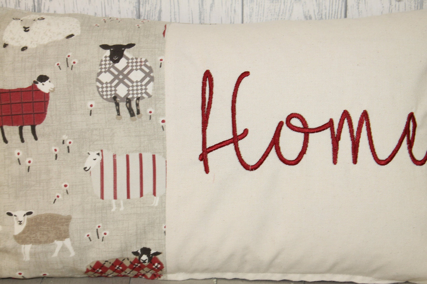 Home Panel Cushion -Red and Taupe Sheep in Jumpers - Lizzie Dixon Designs