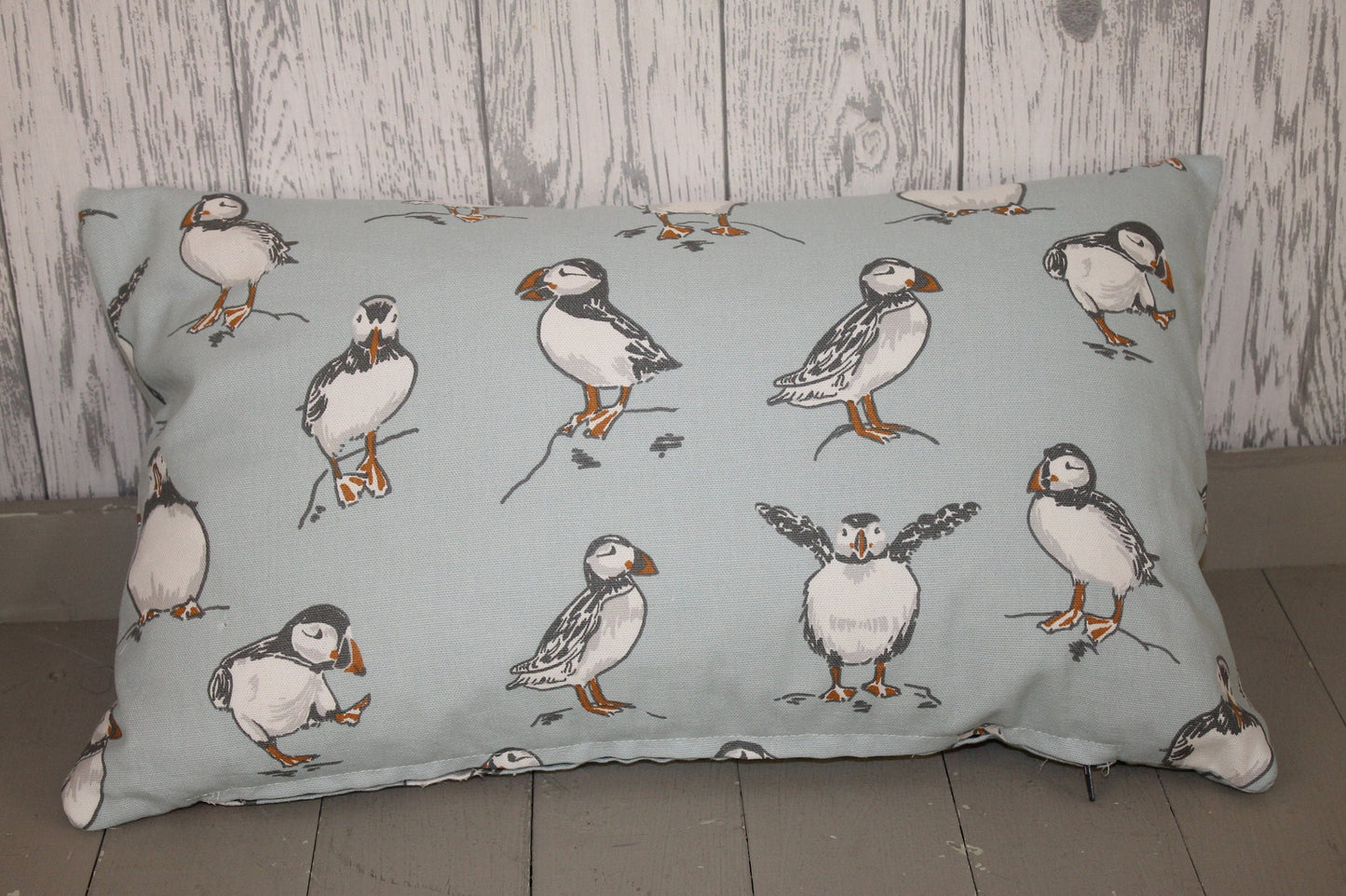 Nautical Puffin Themed Double sided Cushion - 20&quot;x12&quot;oblong/ lumbar Cushion Beach Coastal bird themed - Throw Cushion-Scatter Sofa Cushion