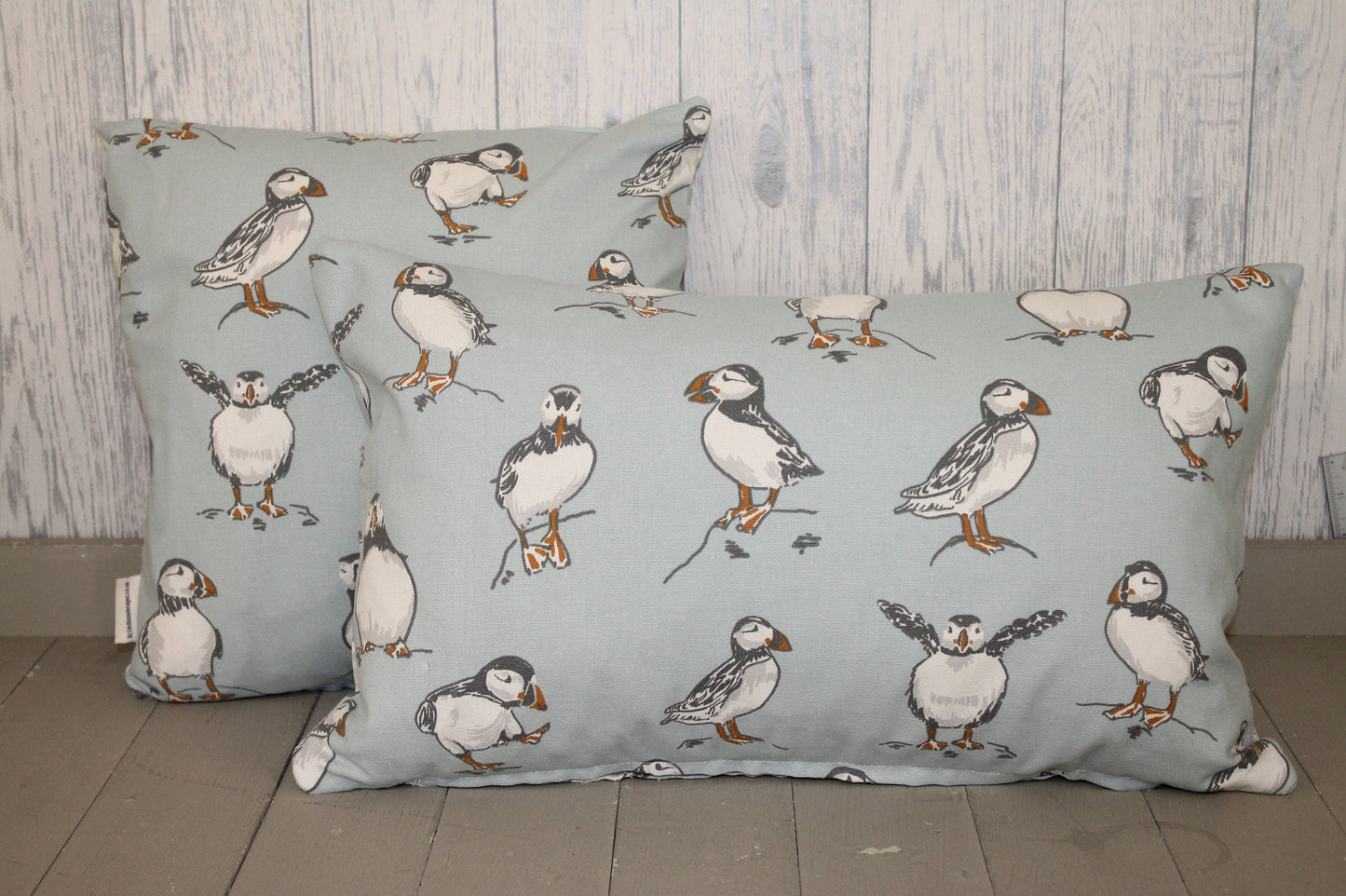 Nautical Puffin Themed Double sided Cushion - 20&quot;x12&quot;oblong/ lumbar Cushion Beach Coastal bird themed - Throw Cushion-Scatter Sofa Cushion