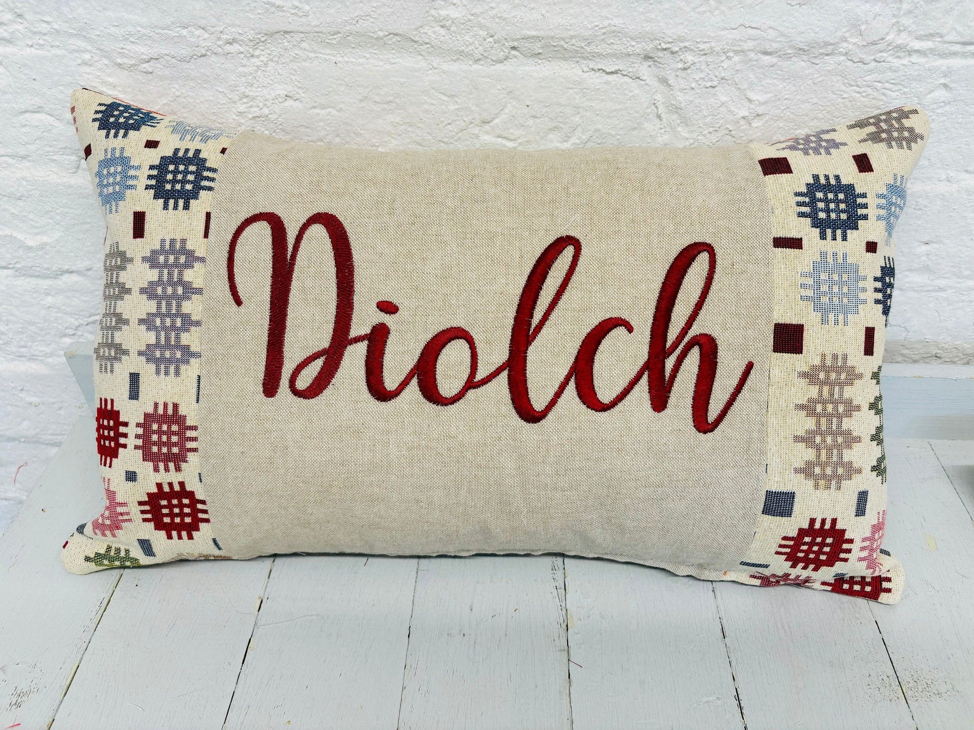 Welsh Blanket style Diolch Cushion -Personalised Cushion- Quote Cushion-welsh tapestry style long cushion.