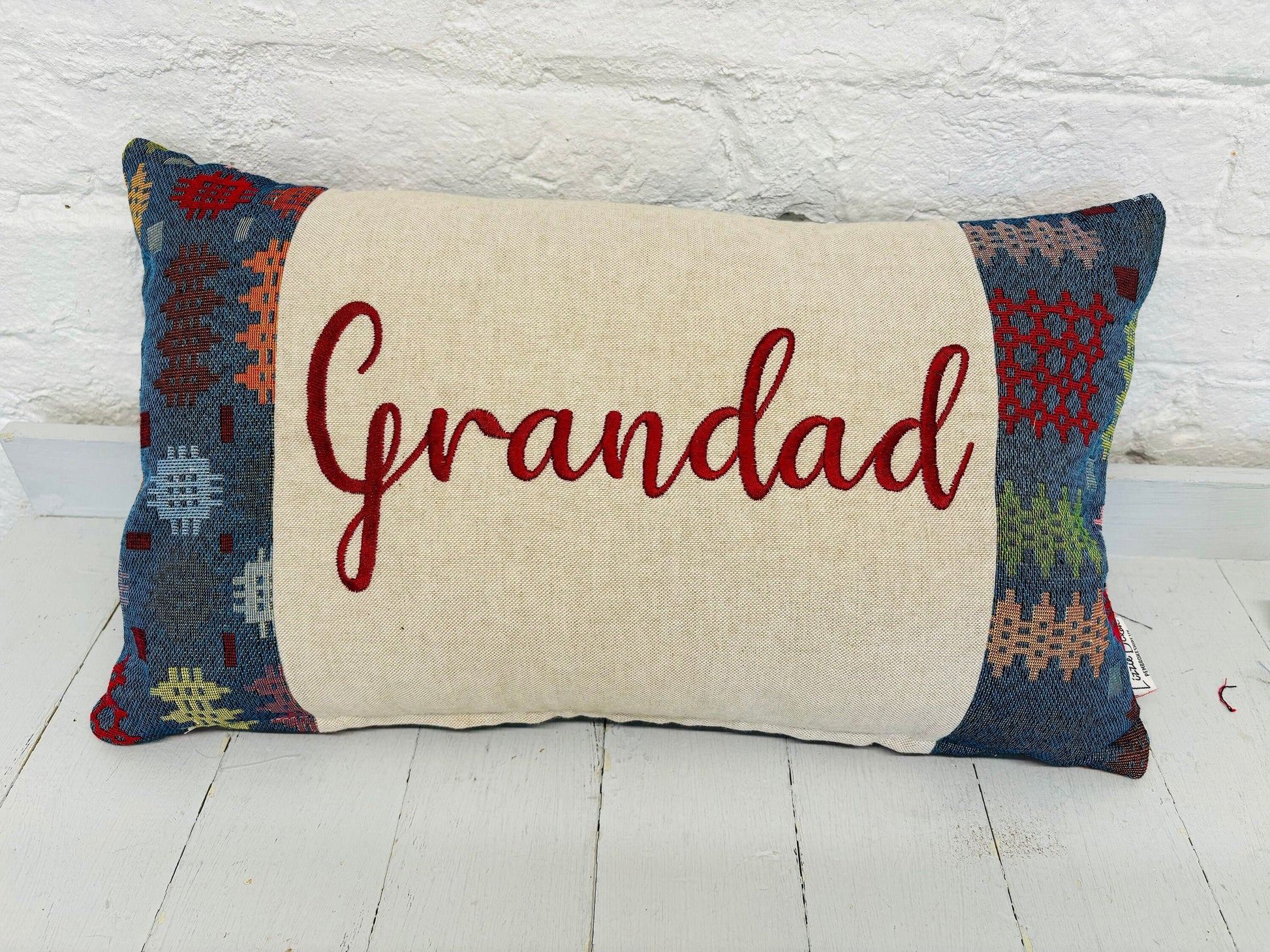 Welsh Blanket style fathers Day Cushion-Personalised Cushion- Quote Cushion-welsh tapestry style long cushion.