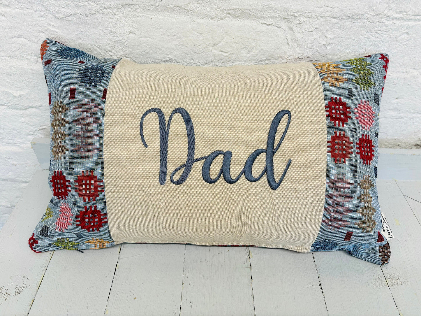 Welsh Blanket style fathers Day Cushion-Personalised Cushion- Quote Cushion-welsh tapestry style long cushion.