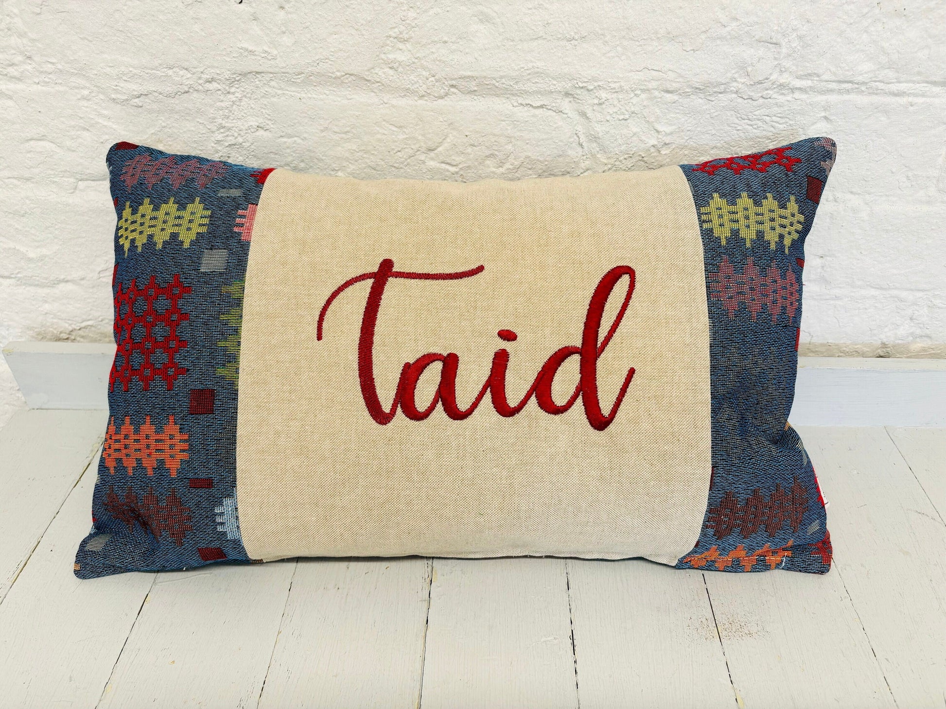 Welsh Blanket style fathers Day Cushion-Personalised Cushion- Quote Cushion-welsh tapestry style long cushion.