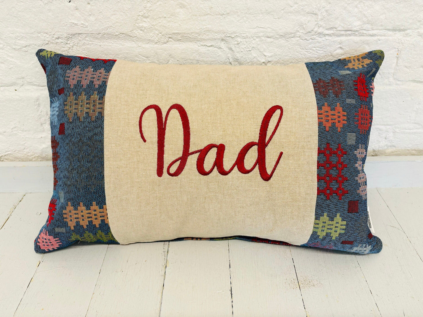 Welsh Blanket style fathers Day Cushion-Personalised Cushion- Quote Cushion-welsh tapestry style long cushion.