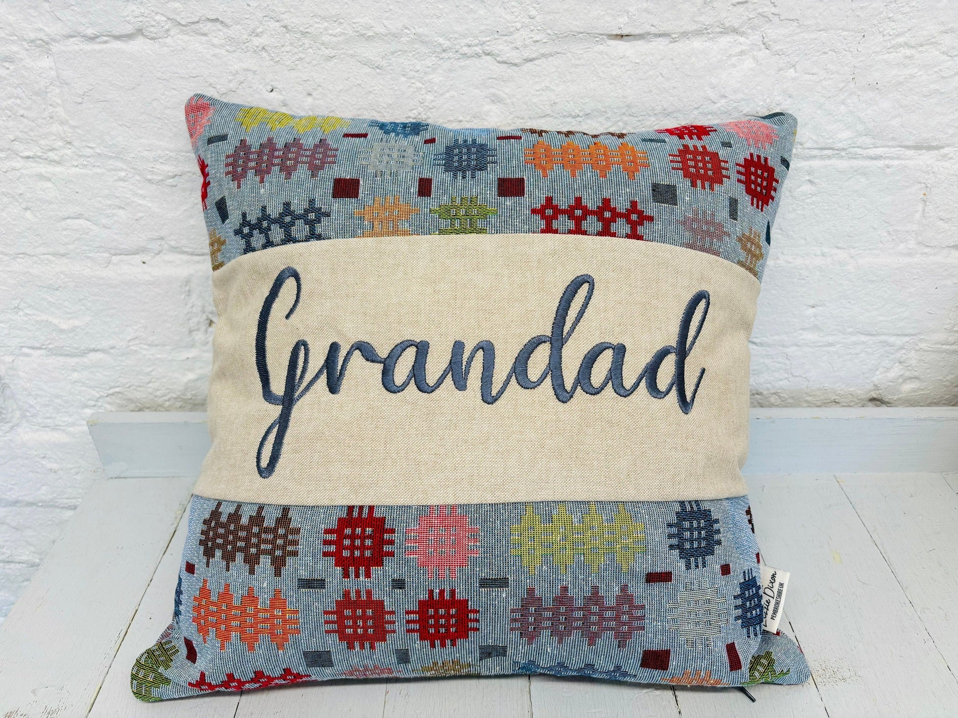 Welsh Blanket style Father’s Day Cushion-Personalised Cushion- Quote Cushion-welsh tapestry style 16&quot; Square cushion.