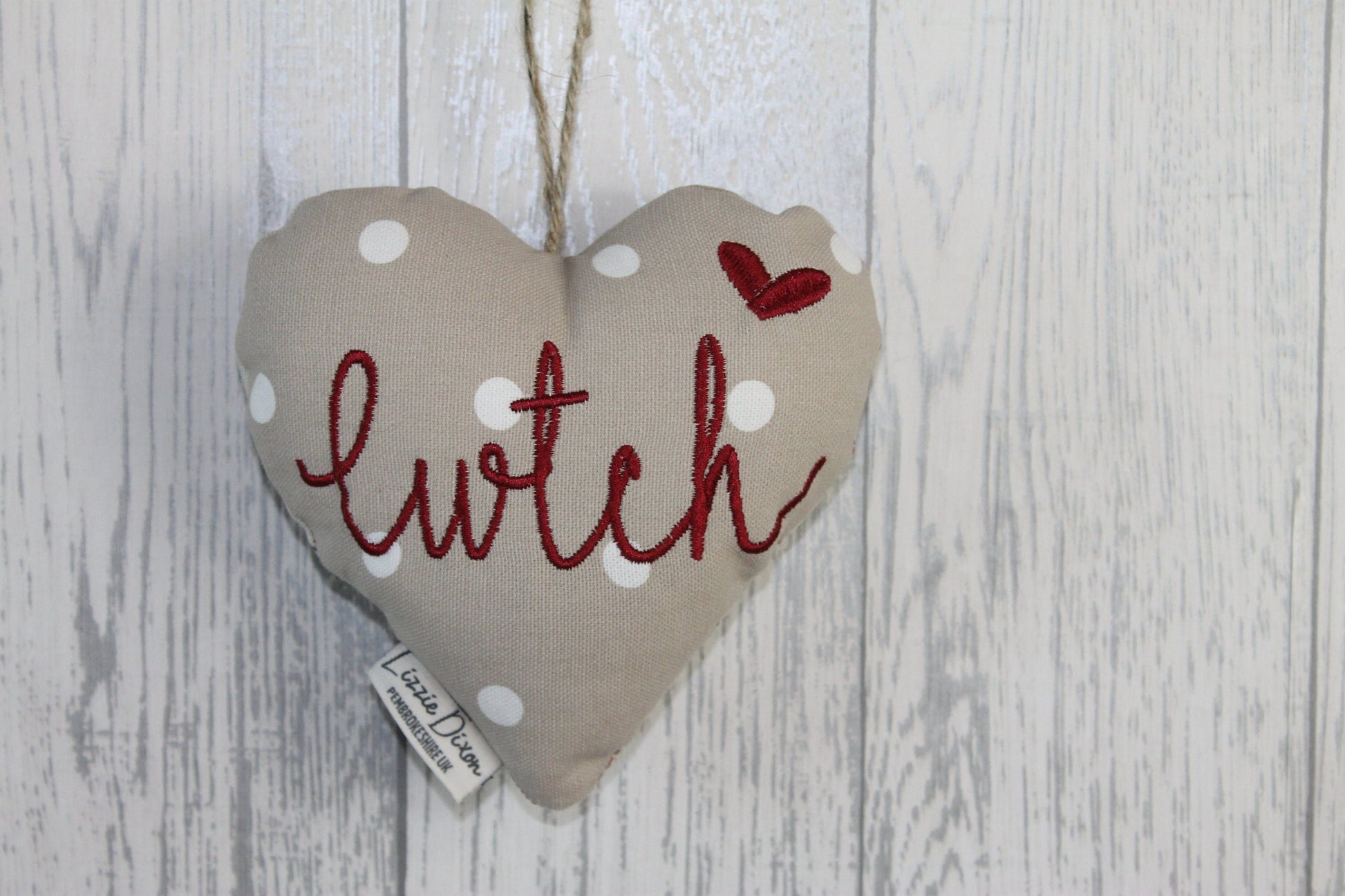 Cwtch Hanging Heart Taupe and Red Hanging heart-Lavender hanging heart- Cwtch Red and Taupe Dotty fabric Hanging Heart