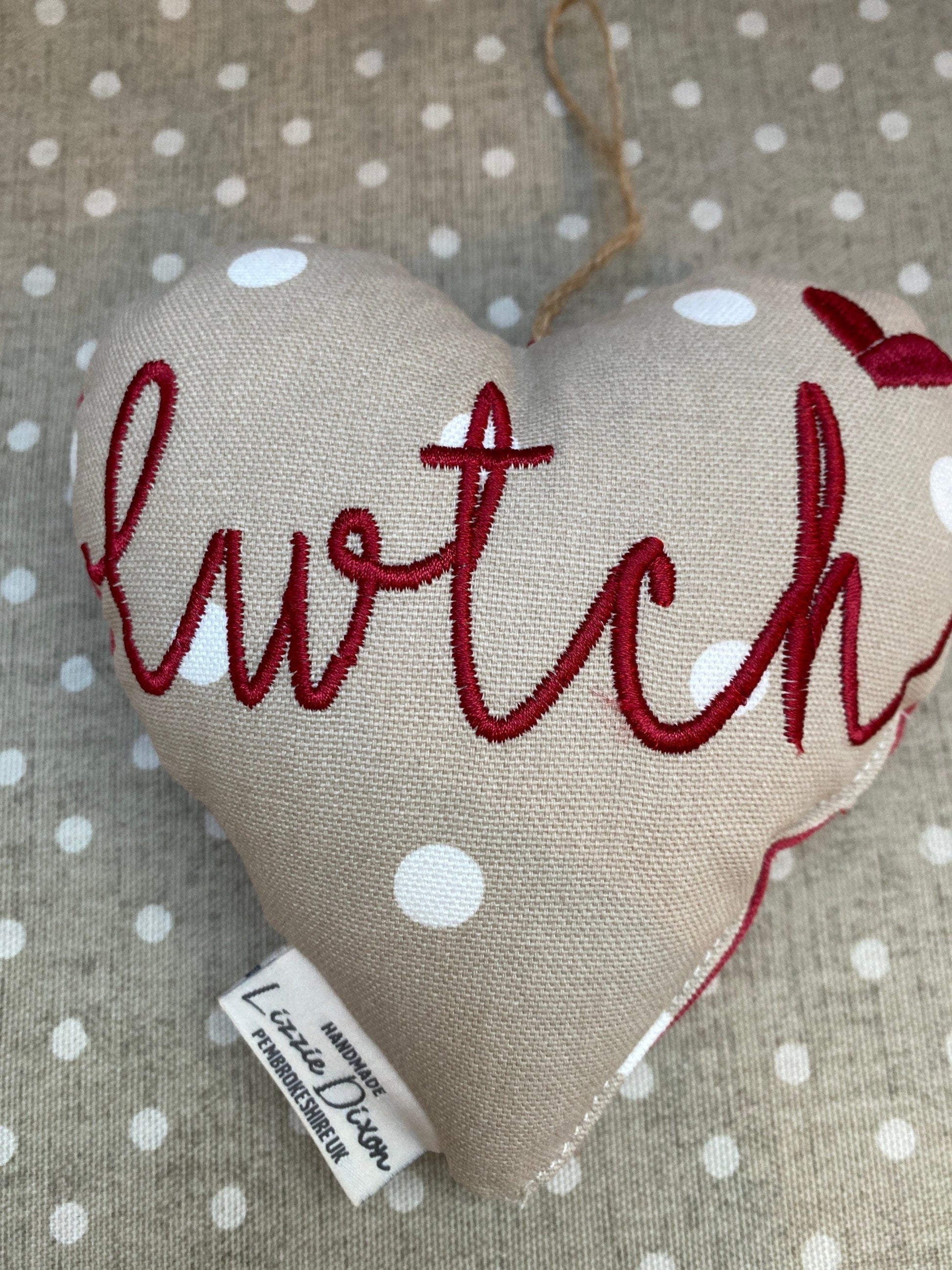 Cwtch Hanging Heart Taupe and Red Hanging heart-Lavender hanging heart- Cwtch Red and Taupe Dotty fabric Hanging Heart