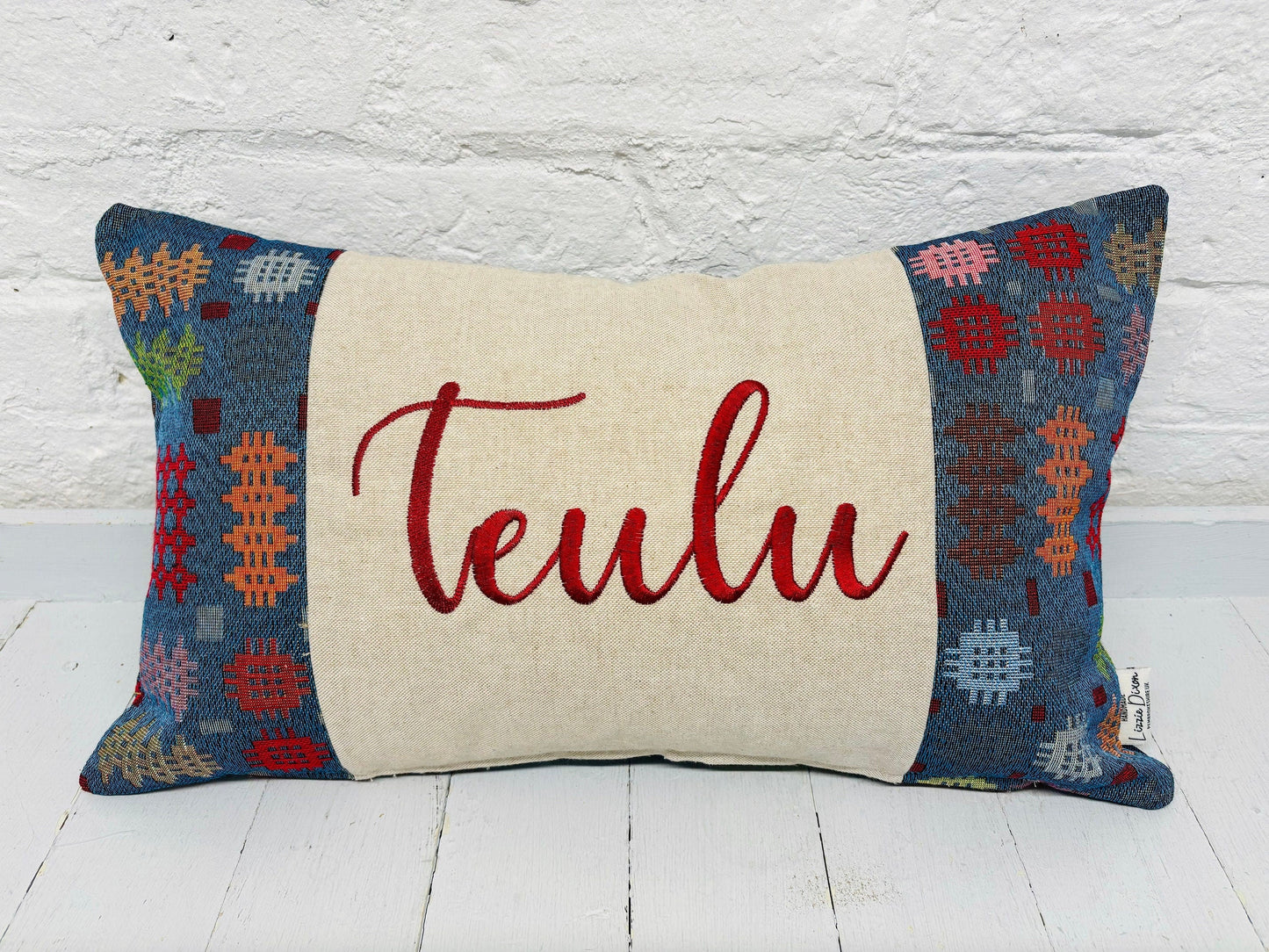 Welsh Blanket style Teulu Cushion-Personalised Cushion- Quote Cushion-welsh tapestry style long cushion.