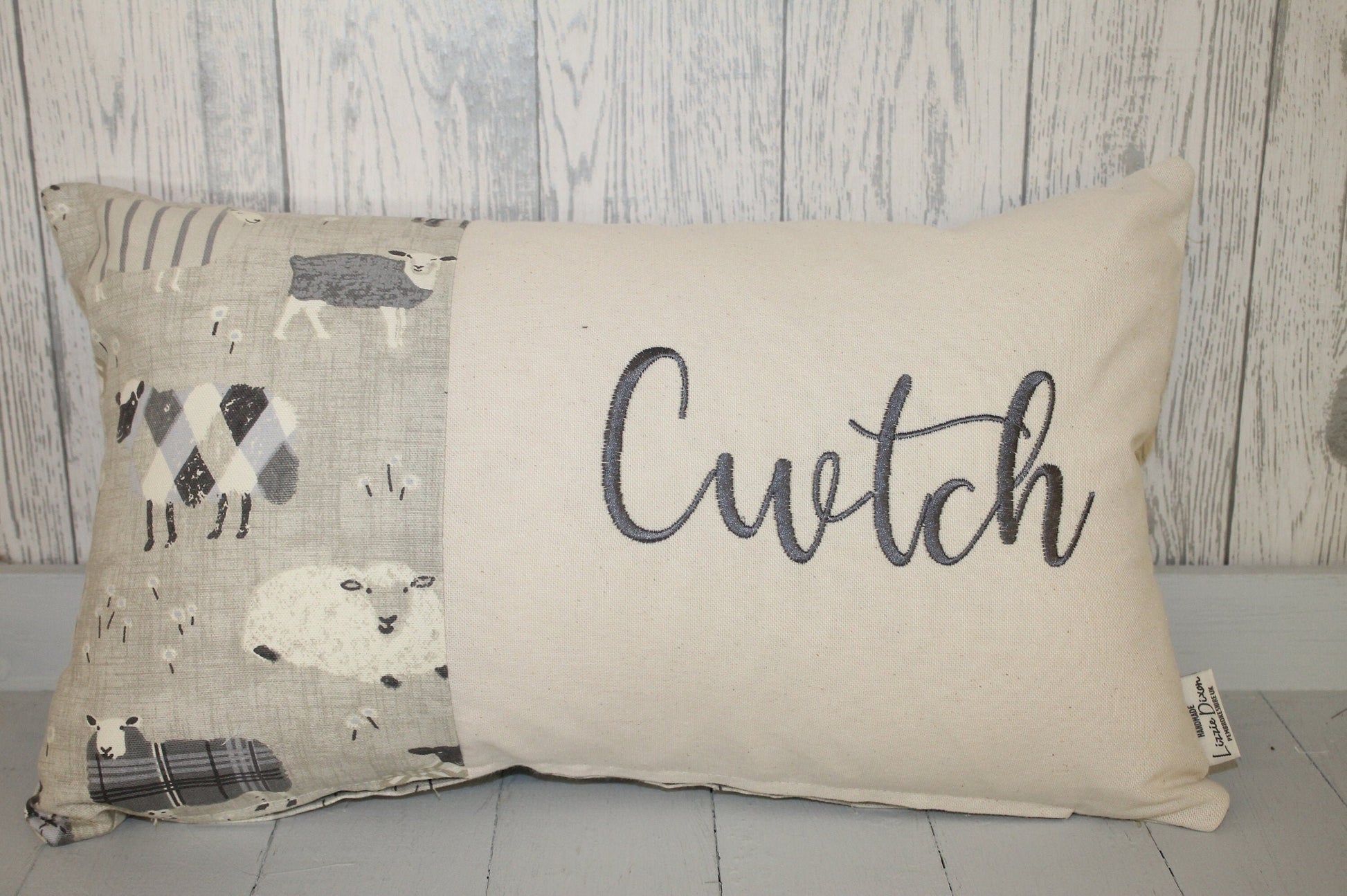 Cwtch Cushion-Personalised Cushion- Quote Cushion- Grey Sheep Wearing Jumpers & Cream long cushion.