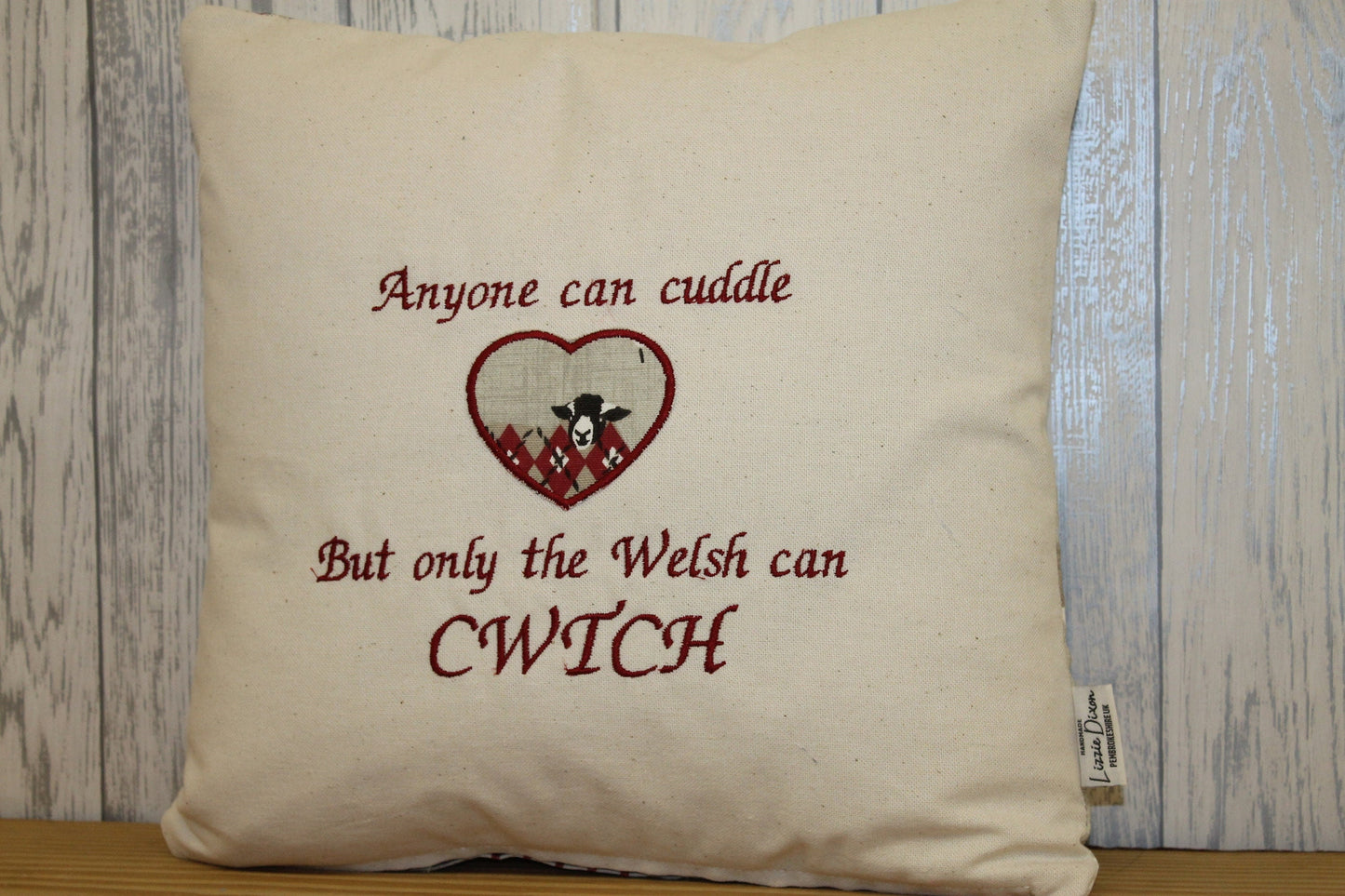 Sheep in woolly jumpers -16&quot; Any one can Cuddle but only the Welsh can Cwtch Cushion-Handmade welsh gifts-Reds and Cream