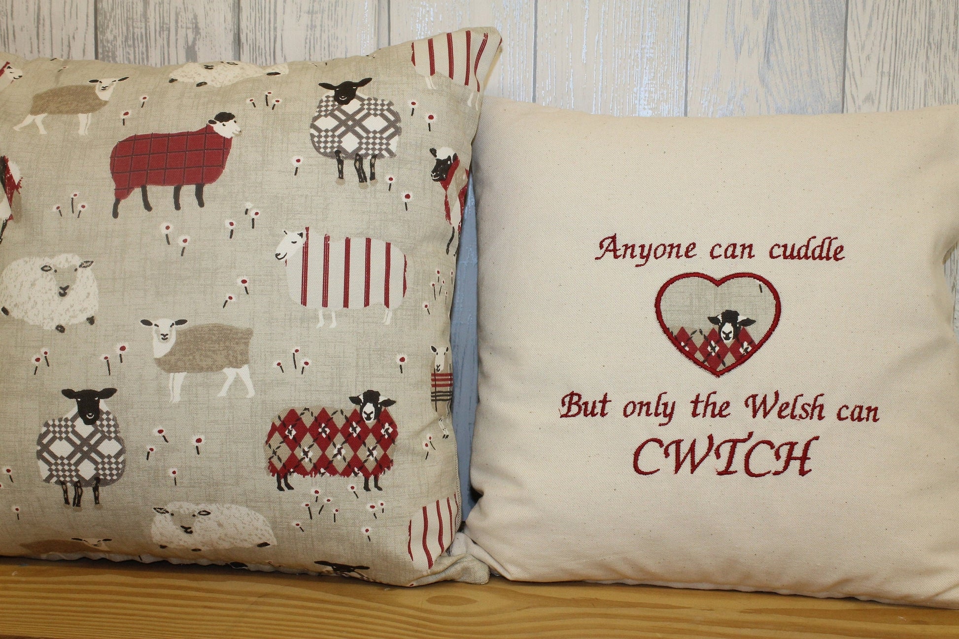 Sheep in woolly jumpers -16&quot; Any one can Cuddle but only the Welsh can Cwtch Cushion-Handmade welsh gifts-Reds and Cream