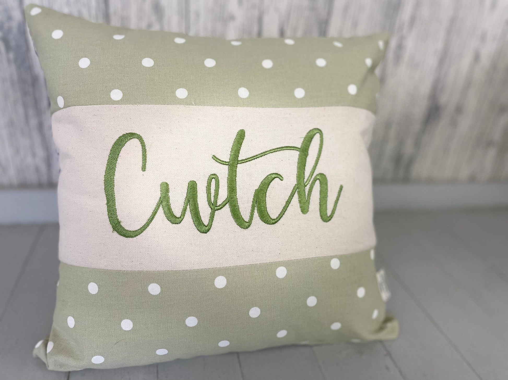 Cwtch Cushion-Green Dotty cushion - Welsh quote cushion