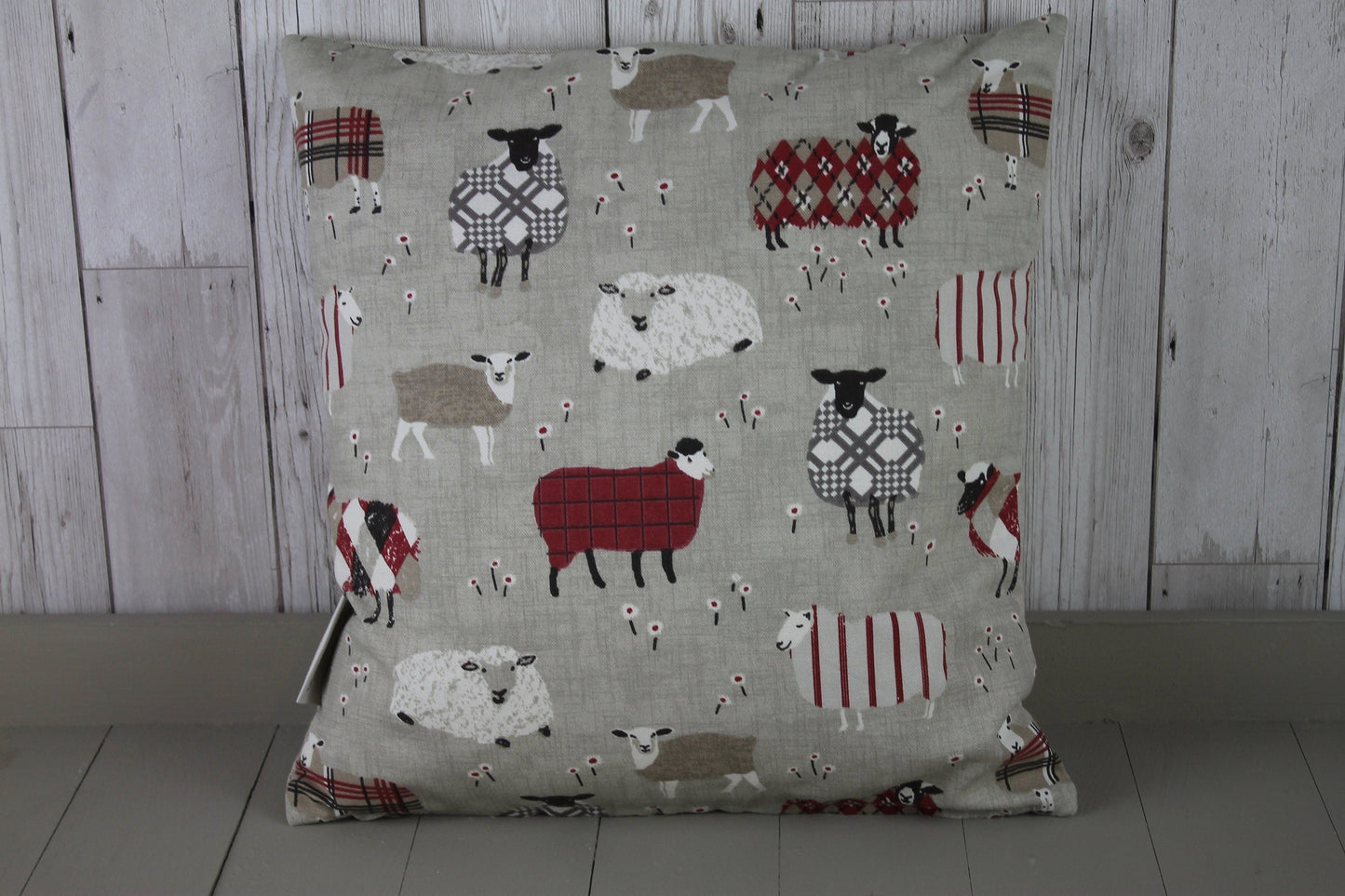 Sheep Wearing Jumpers- 14&quot; square cushion-double sided cushion - Sofa Cushion- Sheep in woolly jumper in Red and Taupe- Decorative Pillow