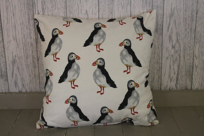 Puffin Cushion- 16&quot; Cushion White Front cute puffin fabric on reverse - Lizzie Dixon Designs