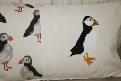 Puffin Cushion- 16&quot; Cushion White Front cute puffin fabric on reverse - Lizzie Dixon Designs