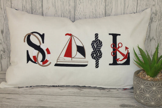 Sale long cushion-Sale nautical cushion on white linen and wave fabric