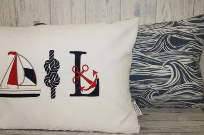 Sale long cushion-Sale nautical cushion on white linen and wave fabric