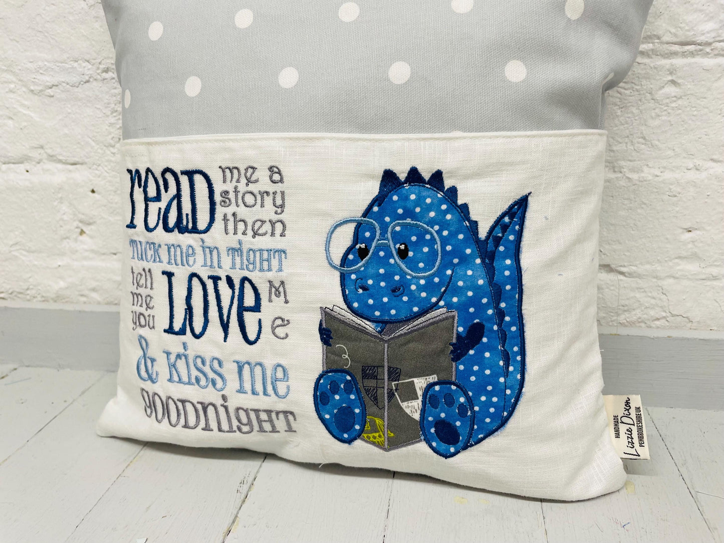 Children’s Book Cushion-Children's Reading Pillow~Personalised Cushion with Pocket-Cute Dino reading Pillow~Book Lovers Gift~Travel Pillow-