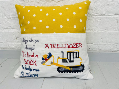 Book Cushion-Children's Reading Pillow~Personalised Cushion with Pocket-Cute bull dozer reading Pillow~Book Lovers Gift~Travel Pillow-