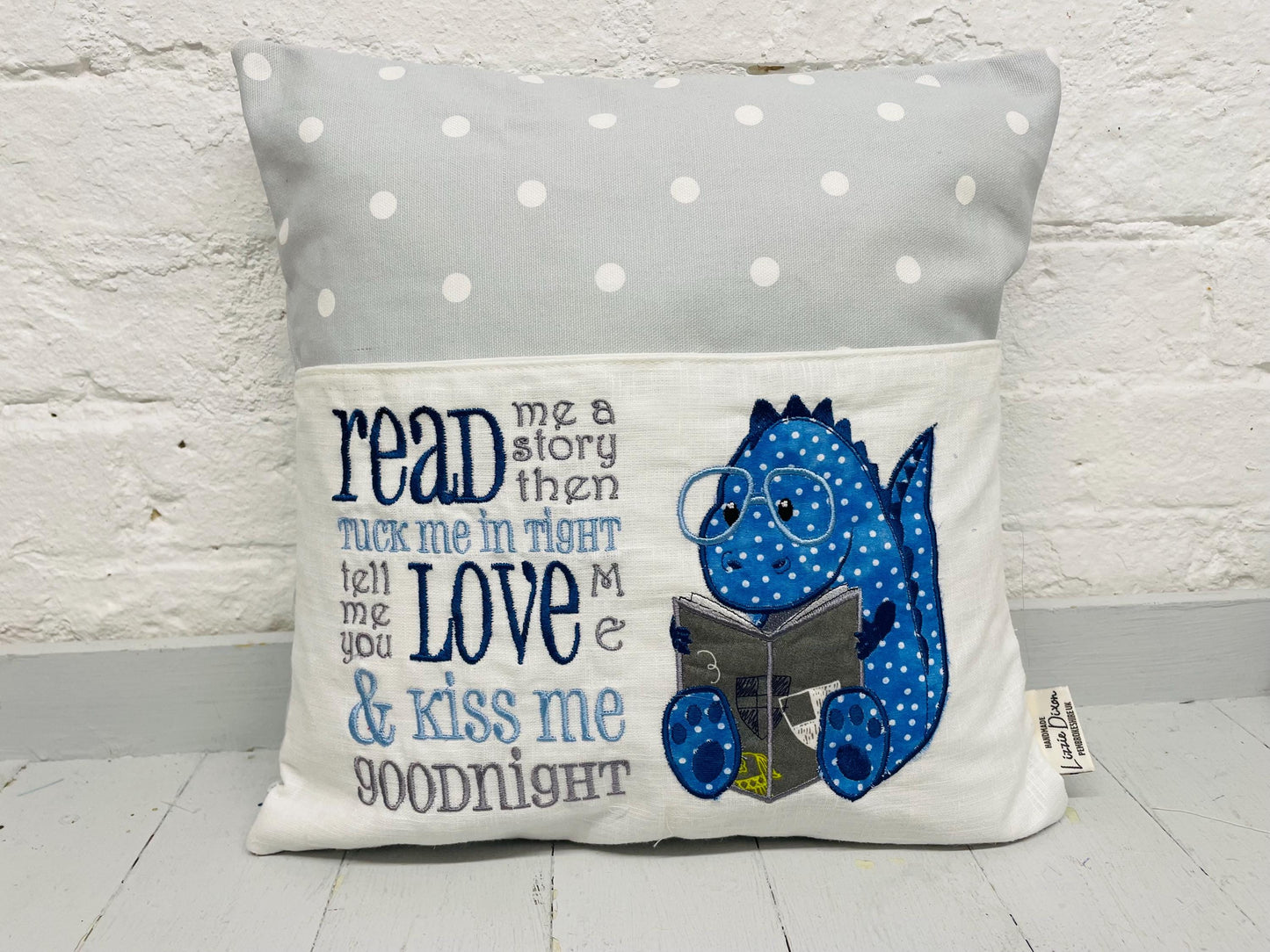 Children’s Book Cushion-Children's Reading Pillow~Personalised Cushion with Pocket-Cute Dino reading Pillow~Book Lovers Gift~Travel Pillow-