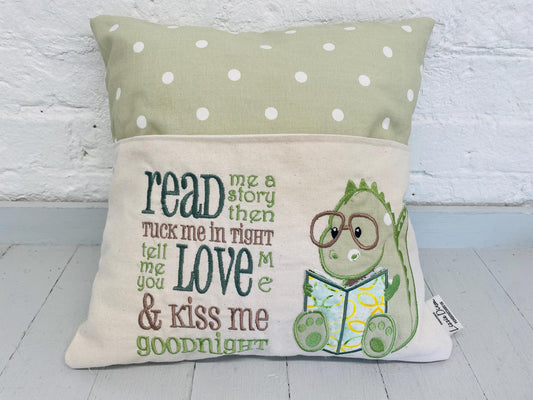 Book Cushion-Children's Reading Pillow~Personalised Cushion with Pocket-Cute Dino reading Pillow~Book Lovers Gift~Travel Pillow-