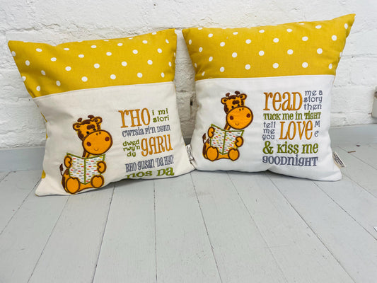 Book Cushion-Children's Reading Pillow~Personalised Cushion with Pocket-Giraffe reading Pillow~Book Lovers Gift~Travel Pillow-