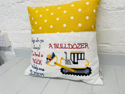 Book Cushion-Children's Reading Pillow~Personalised Cushion with Pocket-Cute bull dozer reading Pillow~Book Lovers Gift~Travel Pillow-