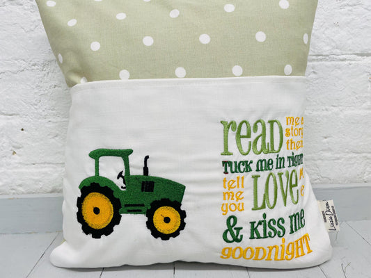 Book Cushion-Children's Reading Pillow~Personalised Cushion with Pocket-Green Tractor Pillow~Book Lovers Gift~Travel Pillow-