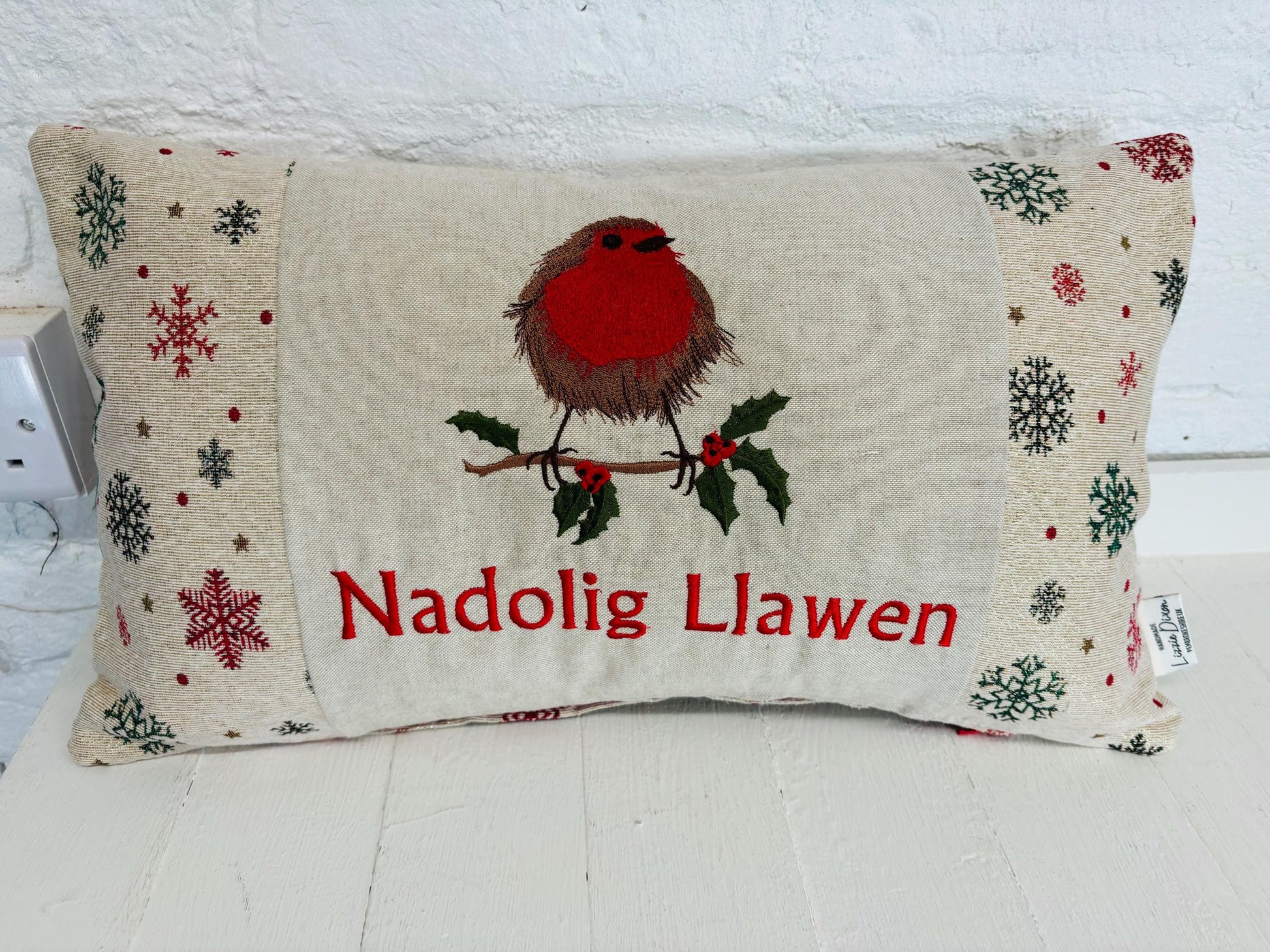 Christmas Robin ,fluffy Robin embroidered cushion Nadolig Llawen -Luxe Snowflake with Gold thread Tapestry
