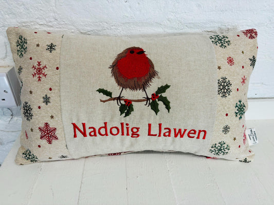Christmas Robin ,fluffy Robin embroidered cushion Nadolig Llawen -Luxe Snowflake with Gold thread Tapestry